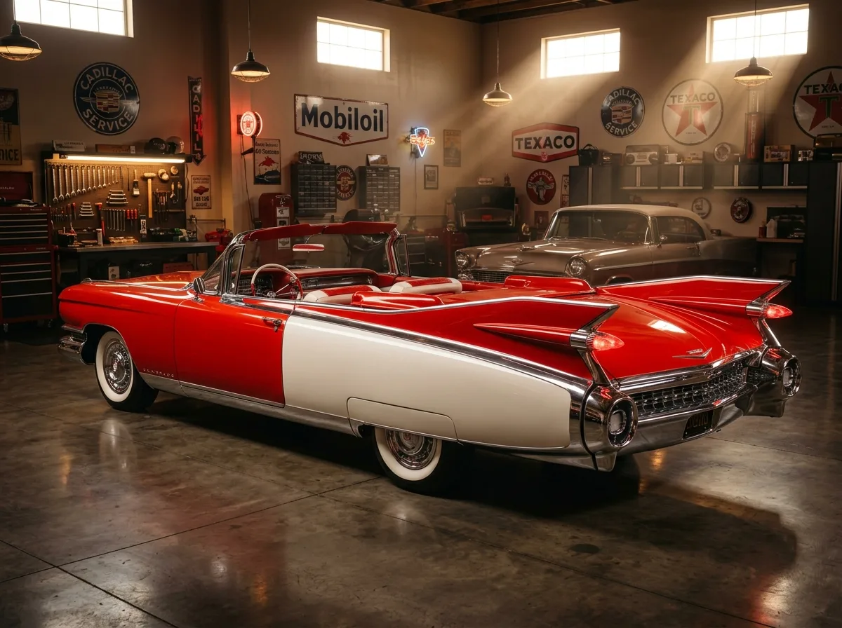 Roter Cadillac Eldorado in Vintage-Halle