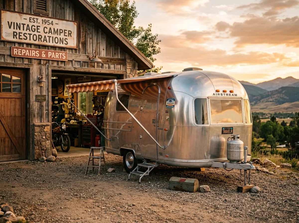Airstream-Camper vor Werkstatt