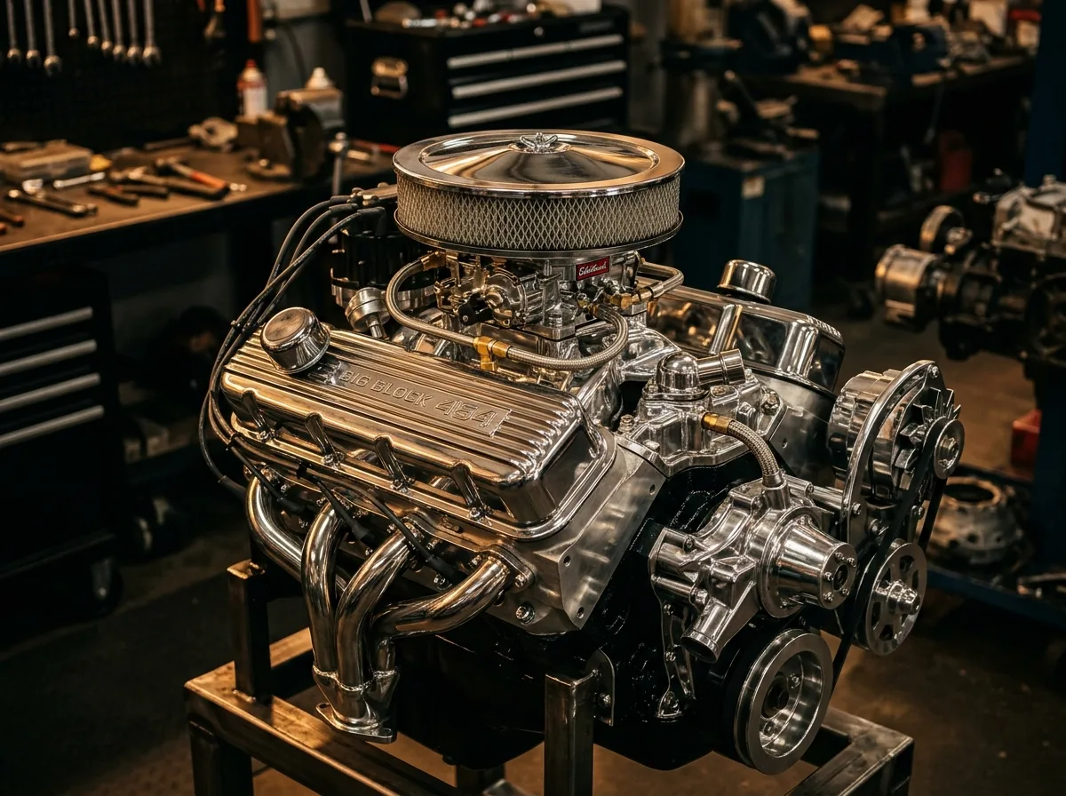 Verchromter V8-Motor auf Motorständer