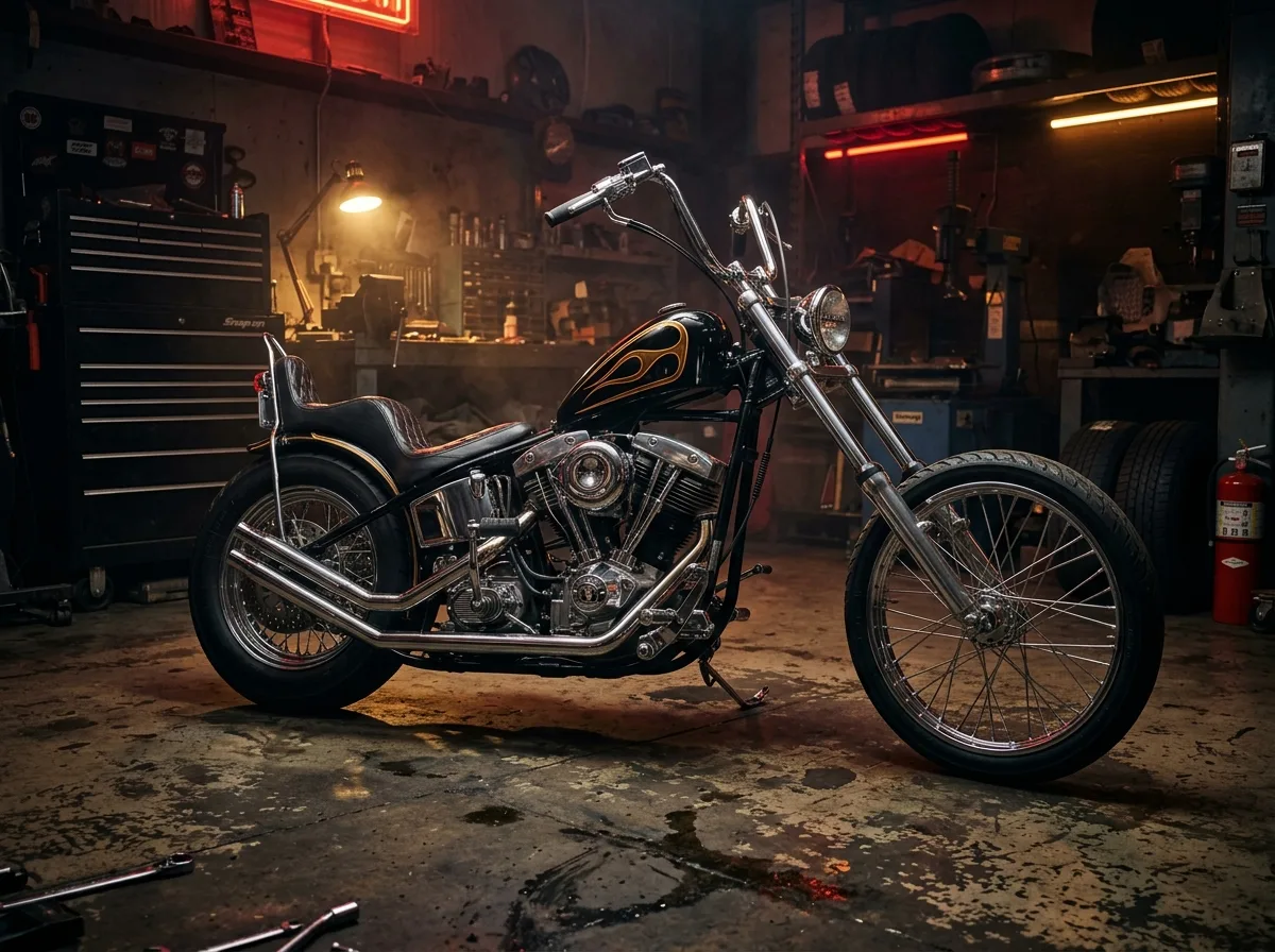 Harley Chopper in Neon-Werkstatt