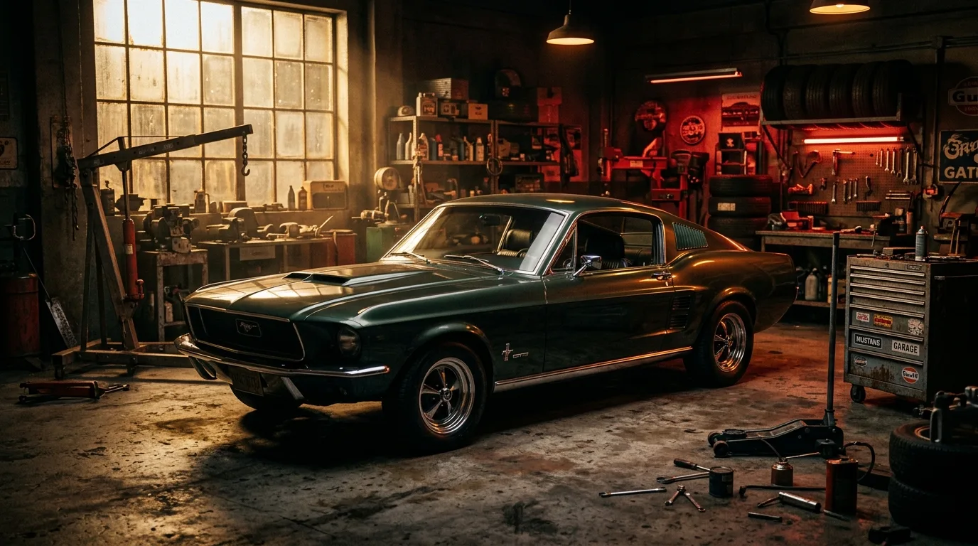 Mustang Fastback in dunkler Werkstatt
