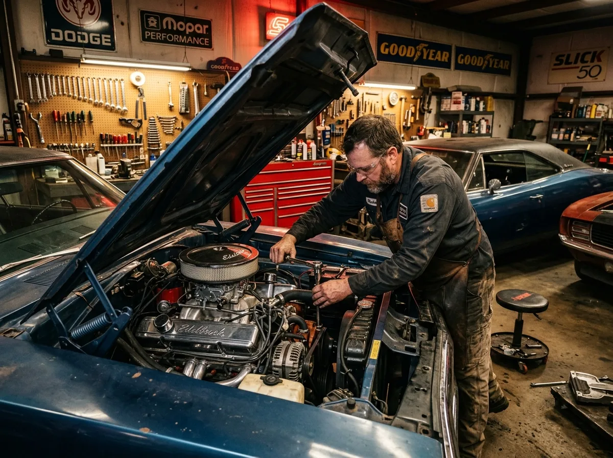 Mechaniker am V8-Motor mit Goodyear-Schildern